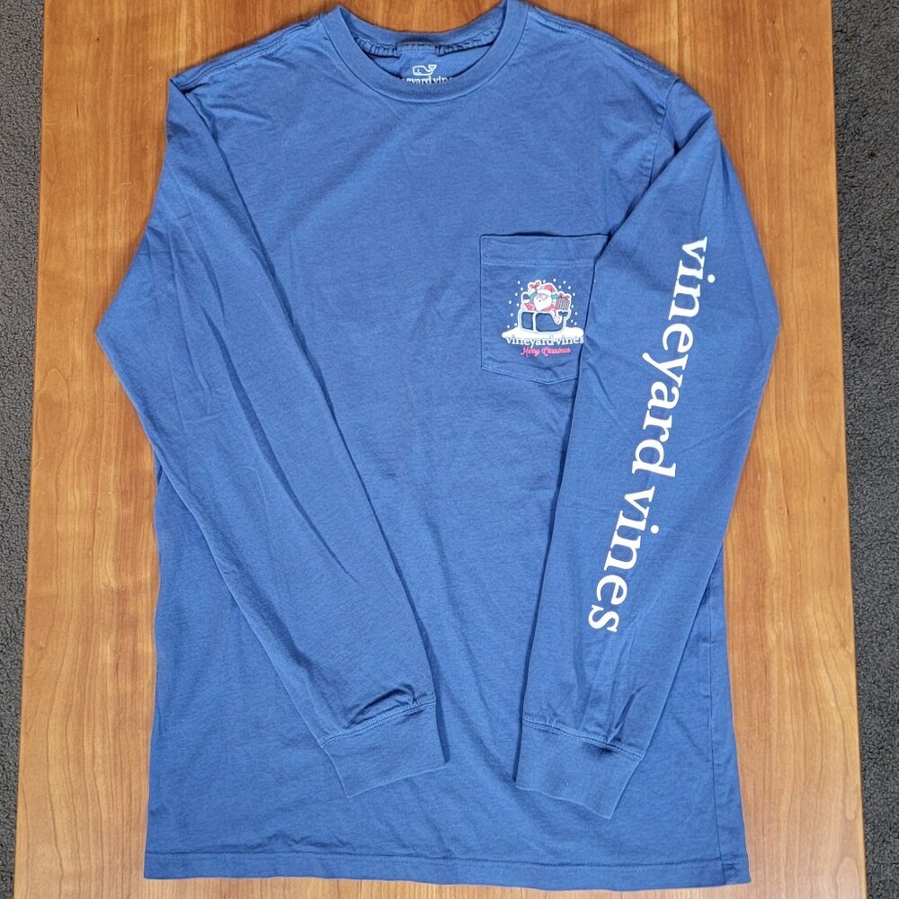 Vineyard Vines Blue Long Sleeve Pocket Tee Santa Sleigh Merry Christmas Tee - XS - Picture 4 of 8